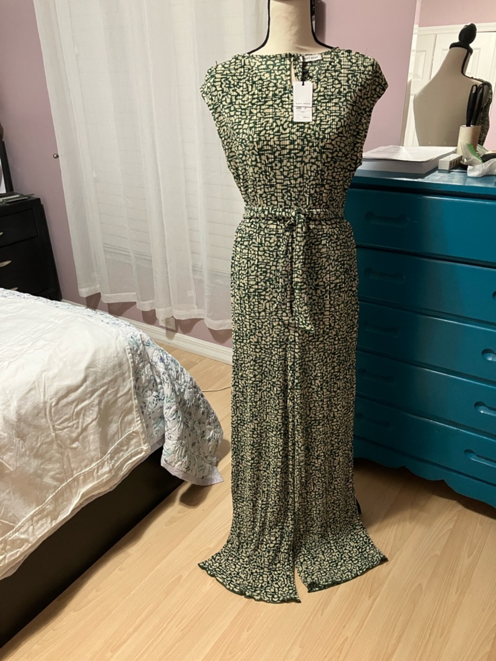 Printed Green and Cream Tie-Waist Jumpsuit